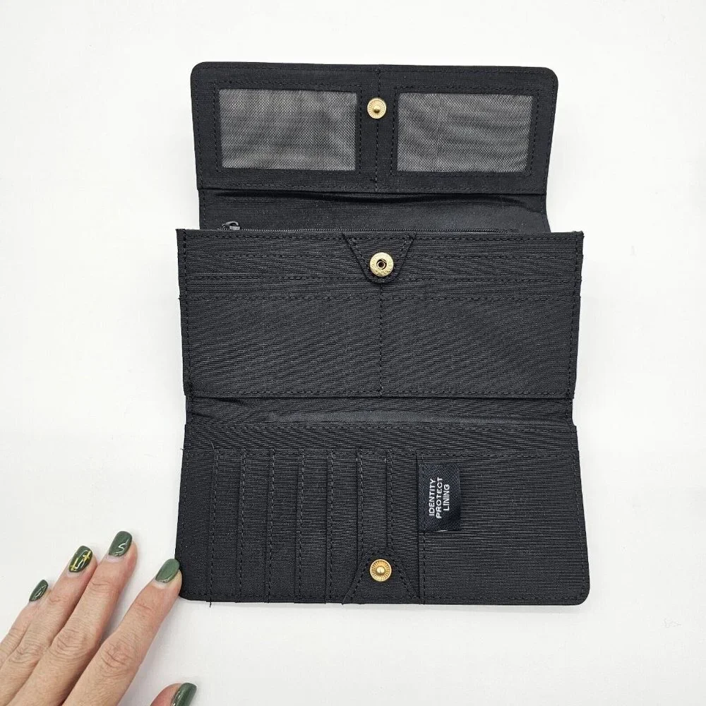 Tahari Tri Fold Wallet Black Faux Leather Credit Card Slots Vintage Snap Button